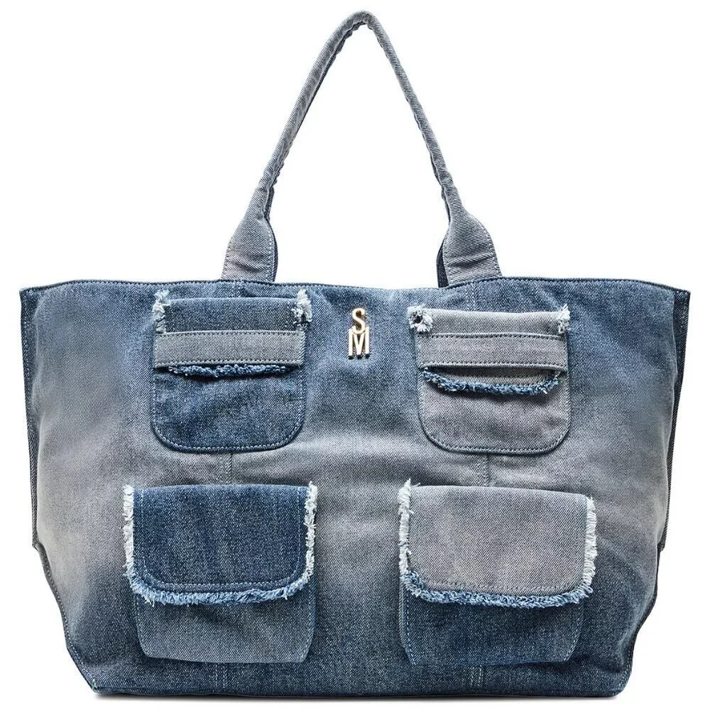 Steve Madden Large Denim Tote Bag with Multi Pockets | Oversized Casual Carryall